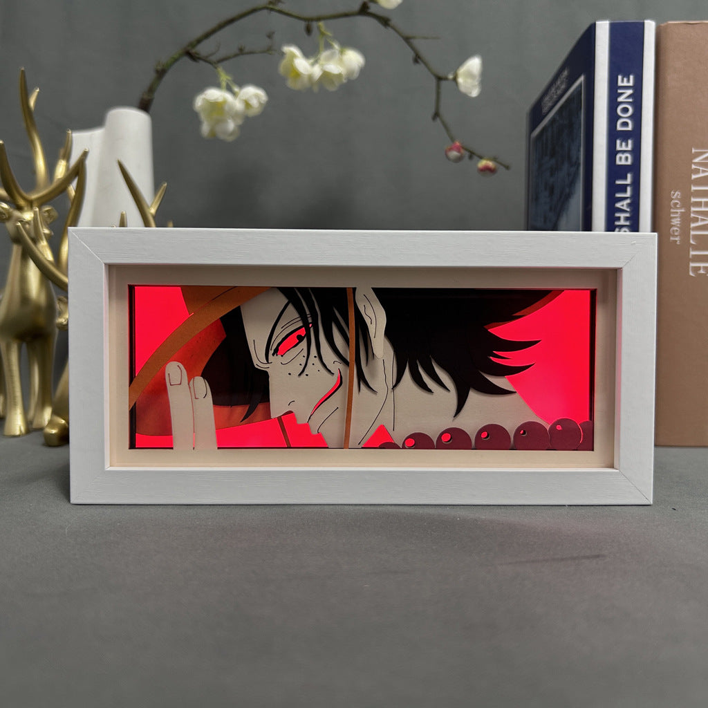 Animation Paper Carving Lamp Wooden Photo Frame One Piece Desktop Ornaments Luffy 5-Speed Night Light Zoro Bedroom Bedside Lamp