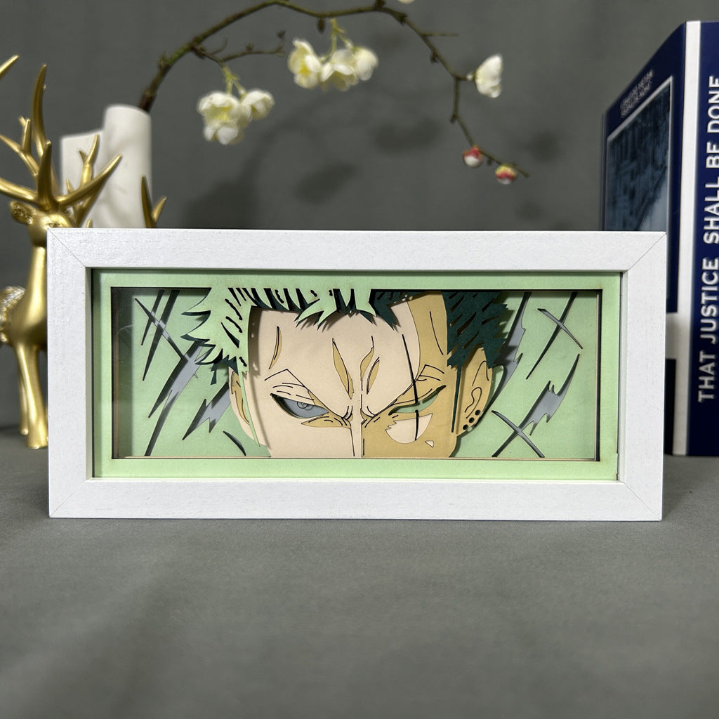 Animation Paper Carving Lamp Wooden Photo Frame One Piece Desktop Ornaments Luffy 5-Speed Night Light Zoro Bedroom Bedside Lamp