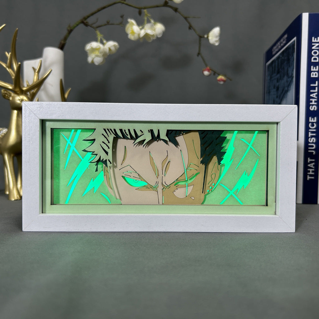 Animation Paper Carving Lamp Wooden Photo Frame One Piece Desktop Ornaments Luffy 5-Speed Night Light Zoro Bedroom Bedside Lamp